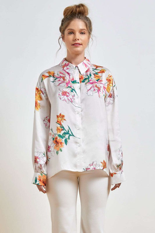 Floral Collar Button Down Plus Shirts