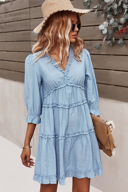 V Neck Solid Ruffle Loose Fit Dress