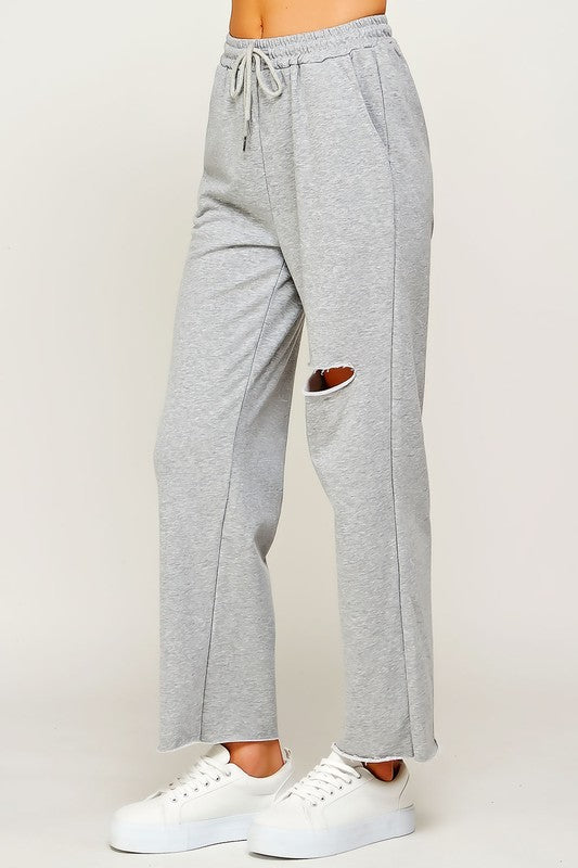 Raw Cut Wide Leg Jogger Sweatpants With Knee Rip