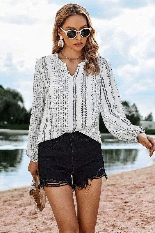 Color Block Graphic Print V Neck Ruffle Blouse