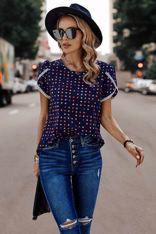 Lace Sleeves Color Polka Dot Scoop Neck Blouse
