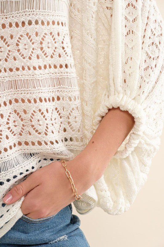 Open Knit Boatneck Dolman Sleeve Cover Up