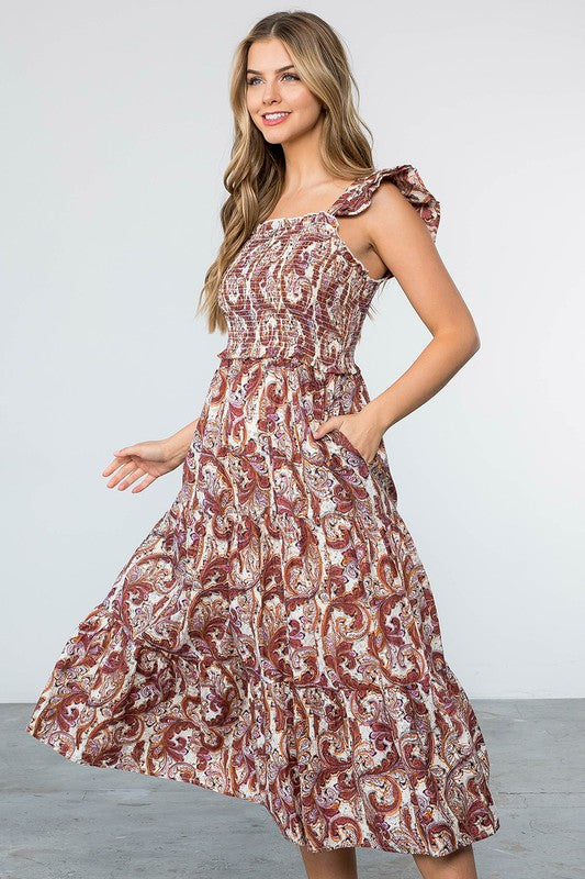 Smocked Print Tiered Maxi Dress