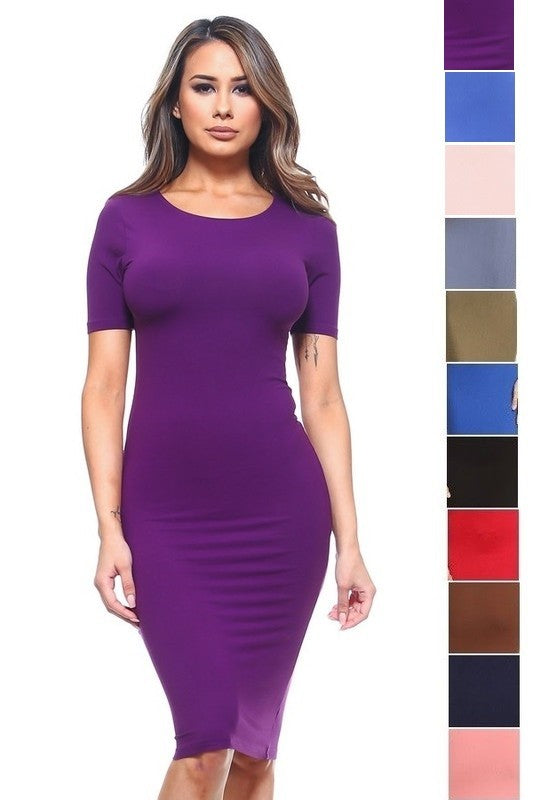 Short Sleeve Crew Neck Midi Bodycon Dress