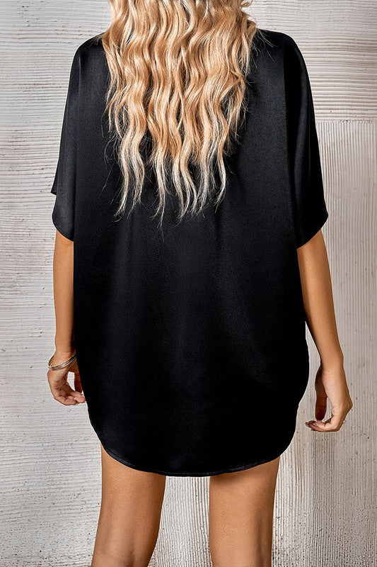 Solid Button Front Open Short Sleeve Blouse