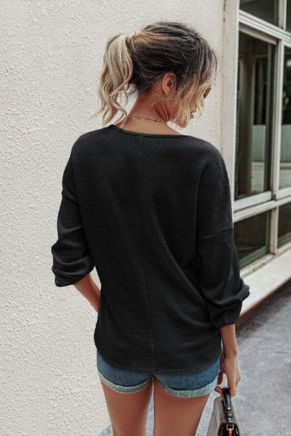 Solid Button Loose Puff Sleeve Top