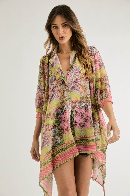 Mid Length Sleeve Button Up Top