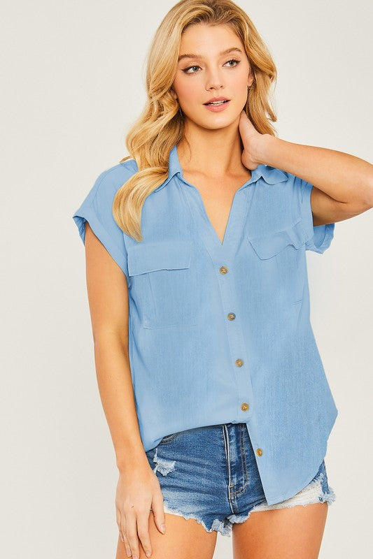 Short Sleeve Button Front Top Blouse