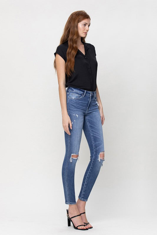 Distressed Mid Rise Ankle Skinny