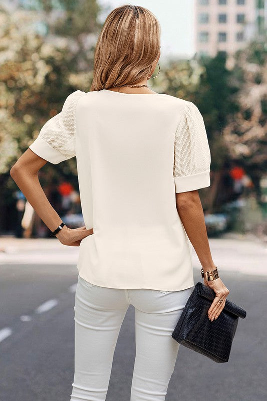 Drop Shoulder Puff Lace Sleeves Solid V Neck Blous