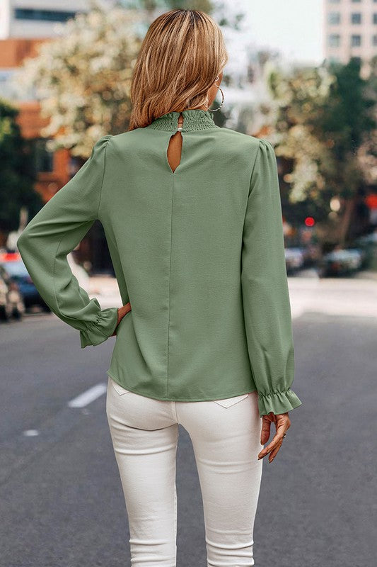 Mock Neck Solid Pintucks Ruffle Loose Fit Blouse