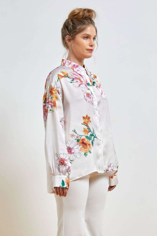 Floral Collar Button Down Plus Shirts