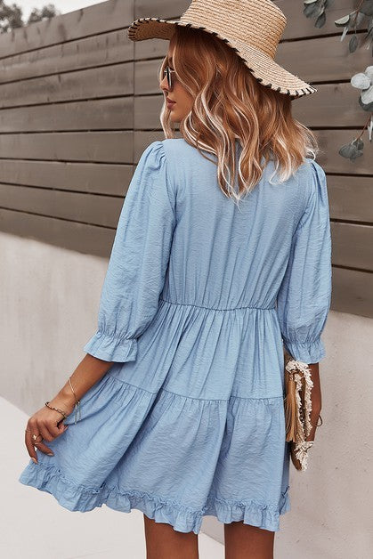 V Neck Solid Ruffle Loose Fit Dress