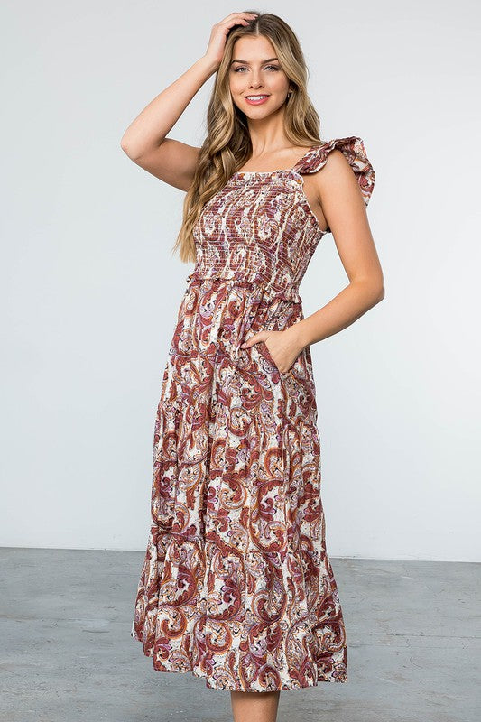 Smocked Print Tiered Maxi Dress