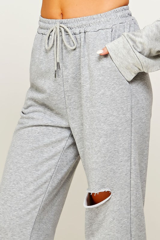 Raw Cut Wide Leg Jogger Sweatpants With Knee Rip