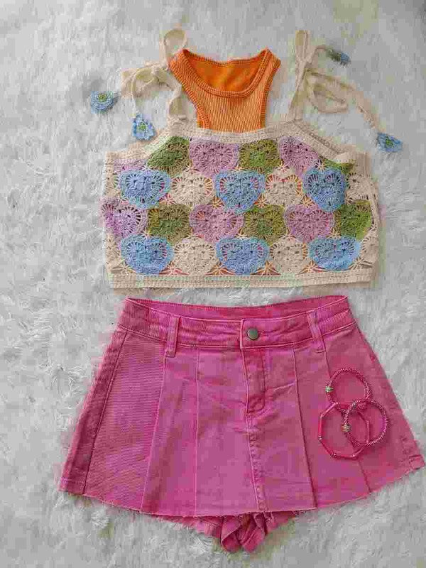 Cet3167 - Tie Shoulder Crochet Crop Tank Top