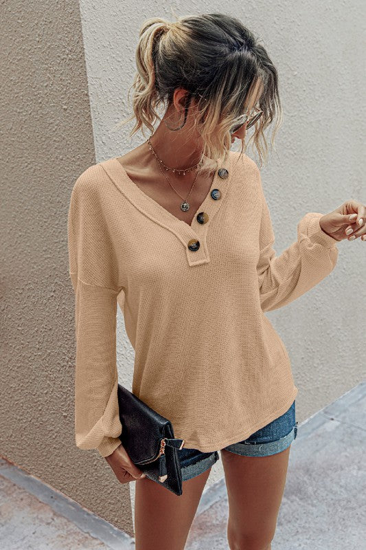 Solid Button Loose Puff Sleeve Top