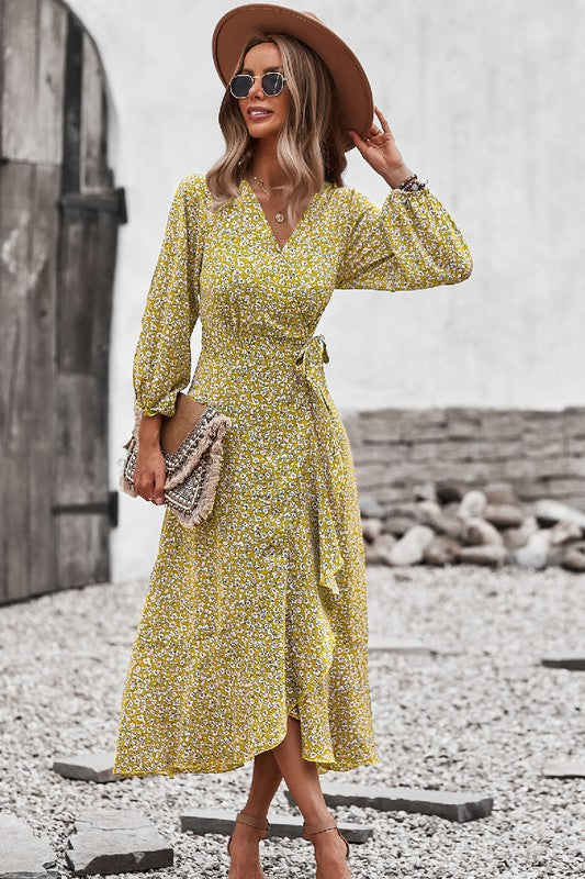 V Neck Polka Dot Slit Wrap Dress