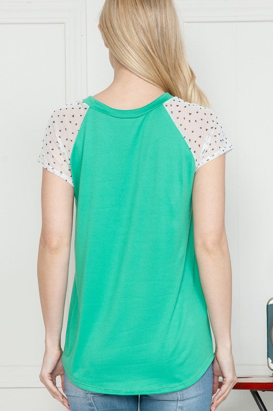 Plus Solid Polka Mesh Short Sleeve Spring Top