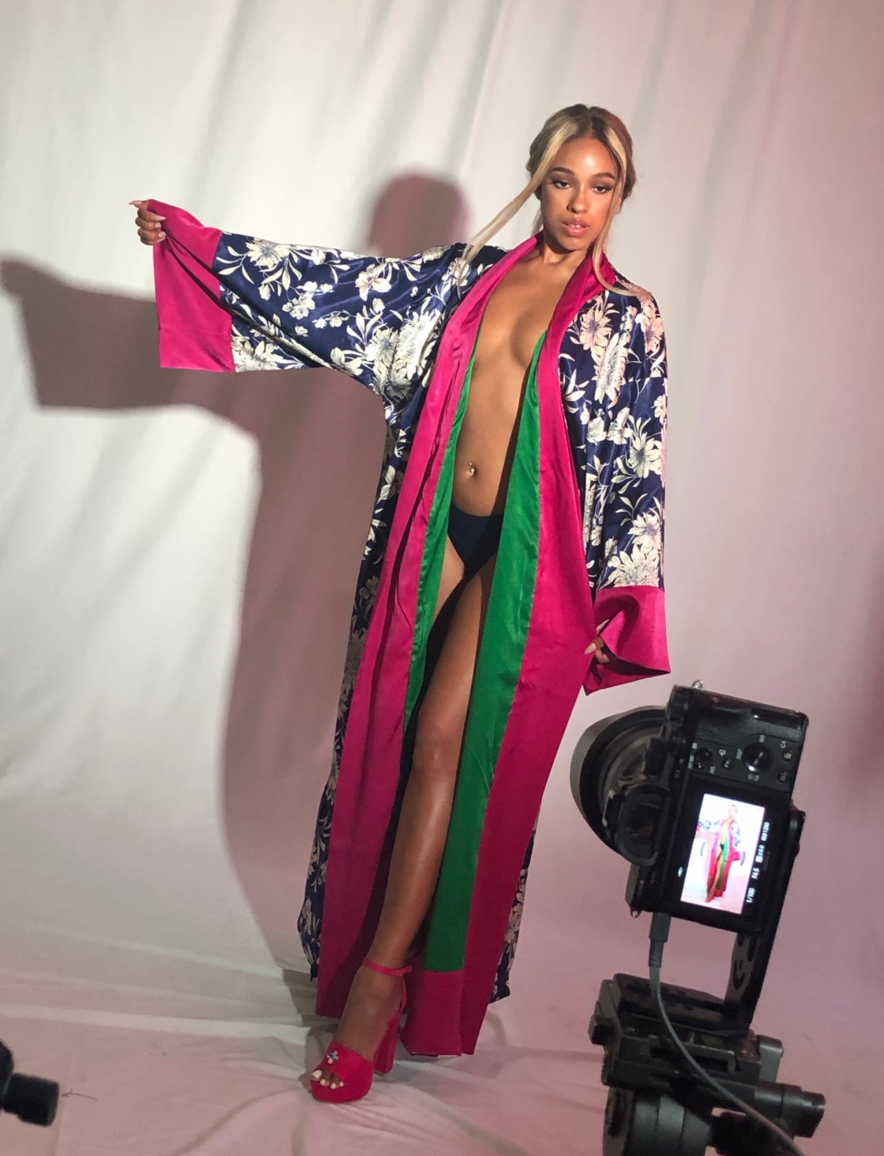 Fushia Floral cardigan with classy green lining | Jeans.com.